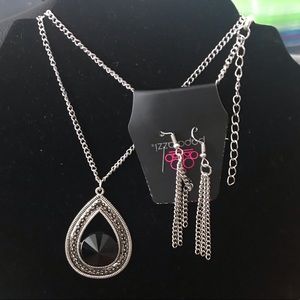 Silver like Black Stone Necklace Matching Earings